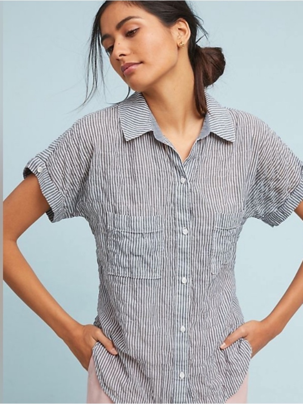 Cloth & Stone Grey White Stripes Short Sleeve Button Down Shirt size Petite XS